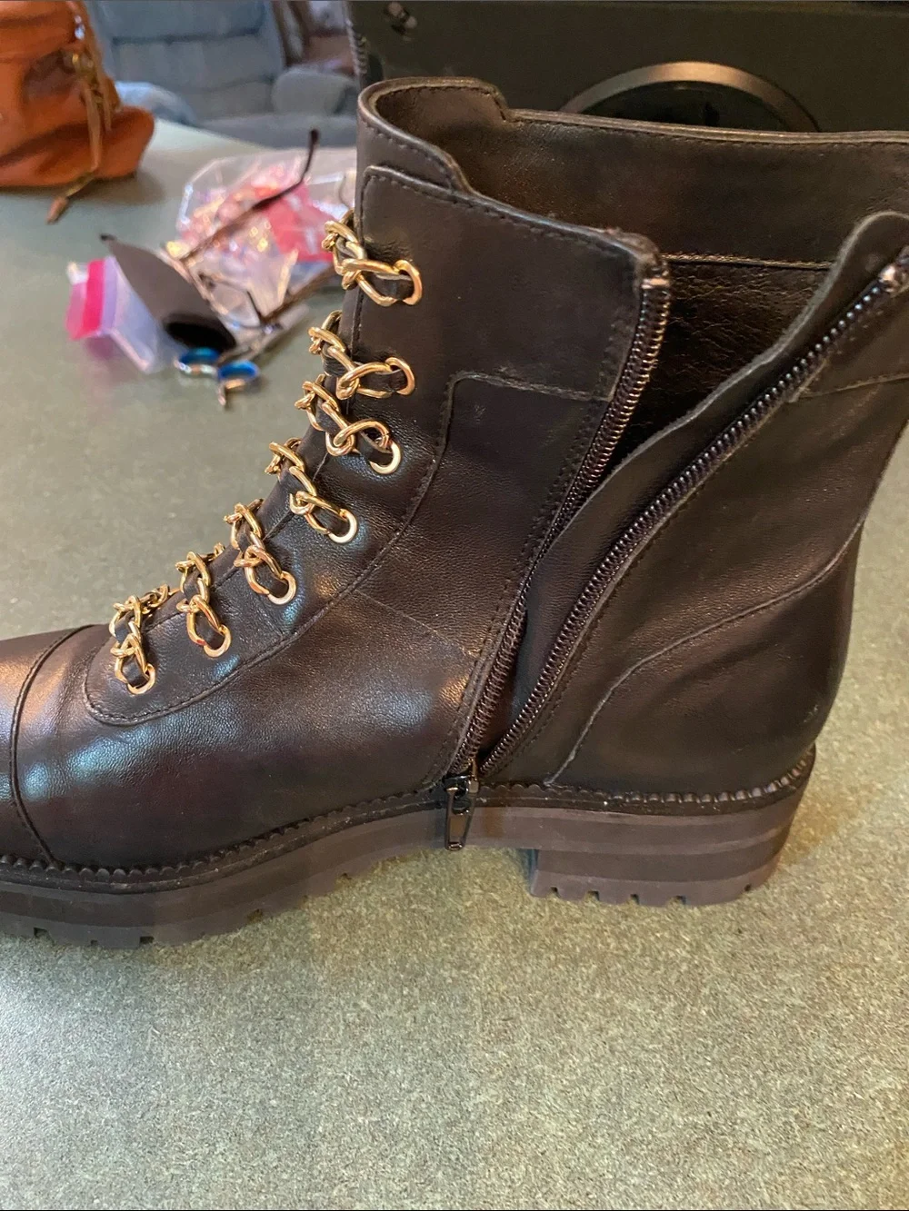 Combat style leather boot with chain